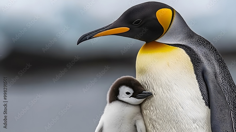 Naklejka premium An adult emperor penguin with its fluffy chick, showcasing a tender bond.
