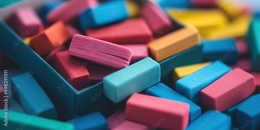 The Eraser's Tale: A box of multicolored erasers, scattered on a table, waiting to correct mistakes and inspire creativity. The Eraser's Tale: A box of multicolored erasers, scattered on a table, waiting to correct mistakes and inspire creativity.