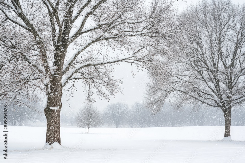 Fototapeta premium Two Bare Trees Standing in a Snowy Field During a Snowstorm