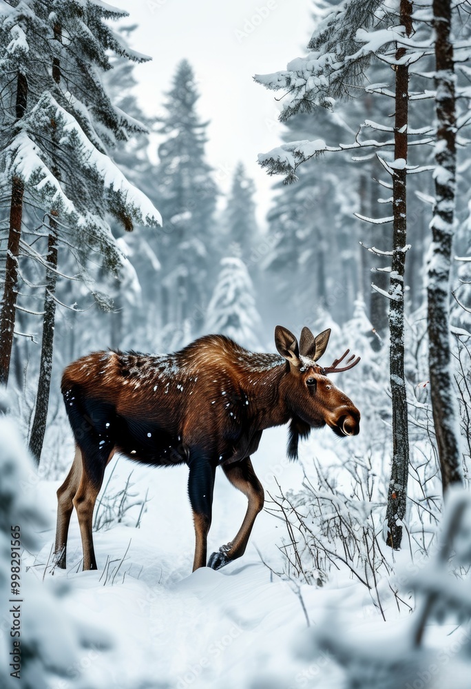 moose roams the expanses of the winter snow-covered forest, animals in the winter forest moose roams the expanses of the winter snow-covered forest, animals in the winter forest