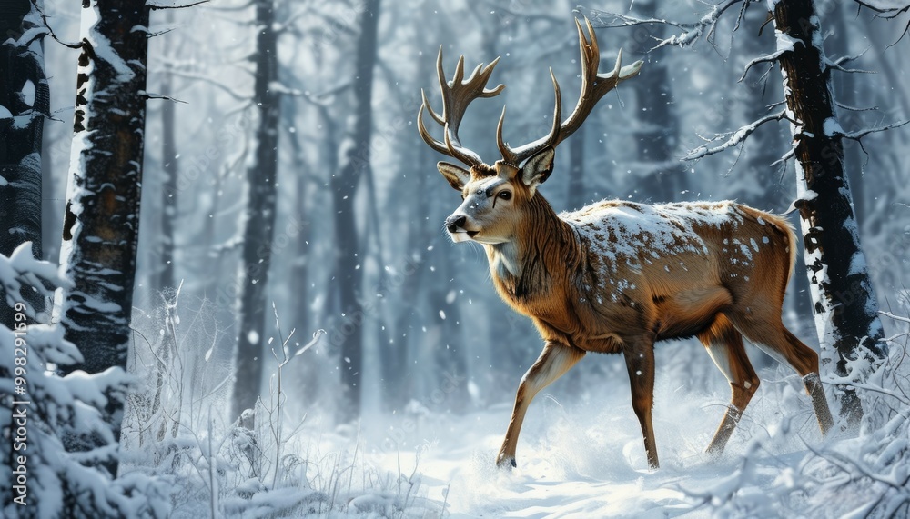 a deer with big horns walking through a winter snow-covered forest a deer with big horns walking through a winter snow-covered forest