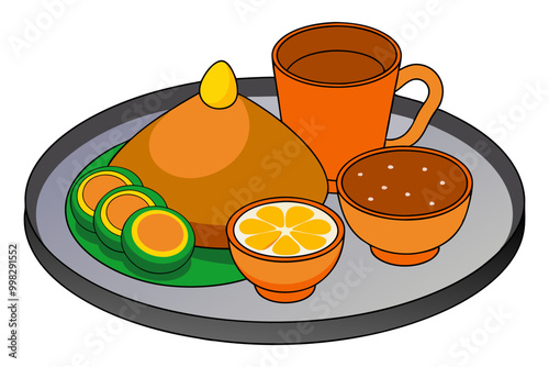 Indian food Thali, Indian style meal with chicken meat and Masala tea Chai on white background
, orange juice and fruit