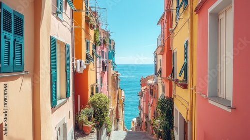 Colorful houses line the narrow streets of a seaside village, with the ocean in the background and clear skies.