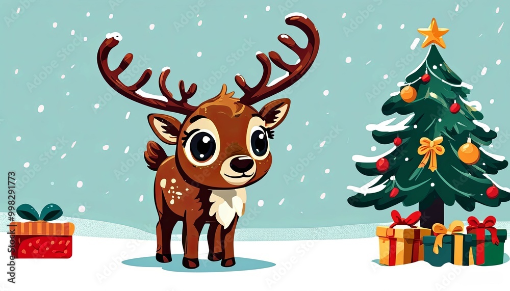 little deer - Christmas card with Santa Claus's reindeer decorated Christmas trees with gifts under them - on a winter background little deer - Christmas card with Santa Claus's reindeer decorated Christmas trees with gifts under them - on a winter background