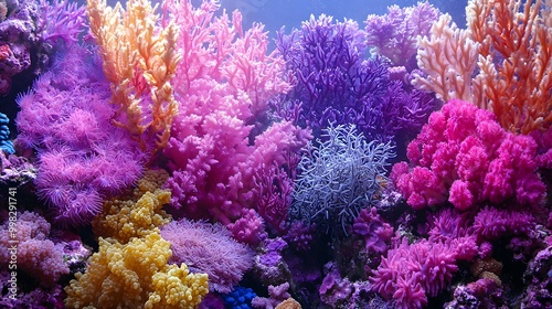 Vibrant coral reef teeming with colorful marine life in shades of pink and purple.