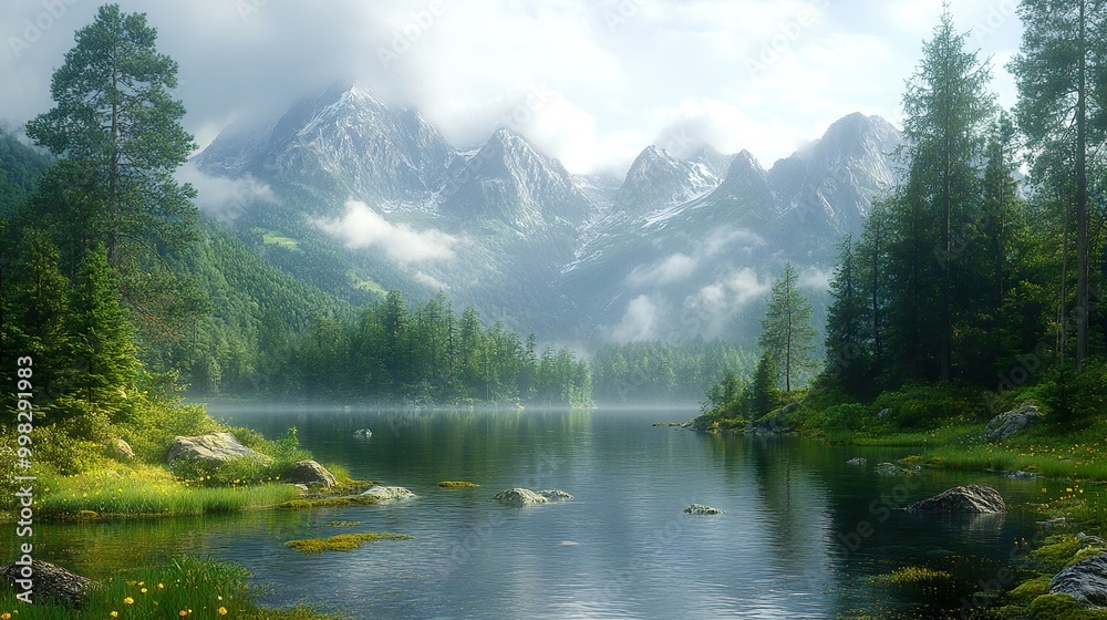 Serene Mountain Lake with Foggy Peaks Serene Mountain Lake with Foggy Peaks