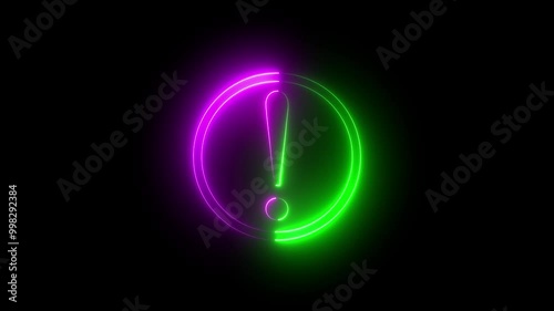 Neon glowing red colour error circle round icon on black background animation. photo