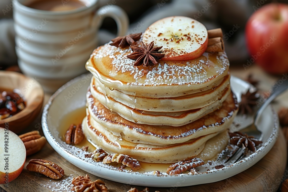 A stack of pancakes with cinnamon and powdered sugar on top A stack of pancakes with cinnamon and powdered sugar on top