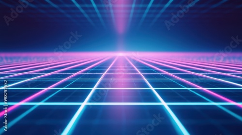 Futuristic neon grid background with glowing blue and pink lines stretching into the distance