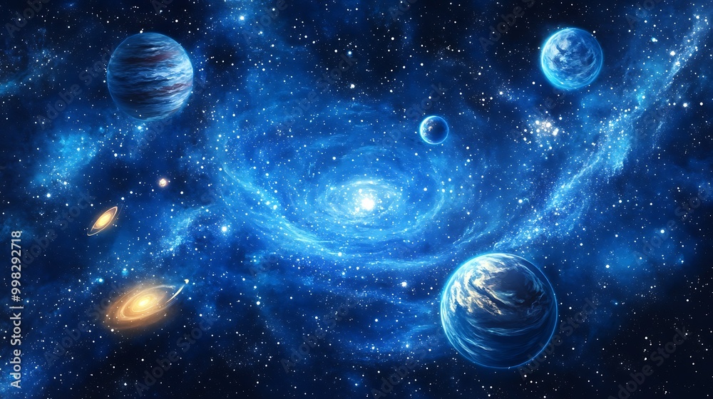 Vibrant depiction of a cosmic scene with planets and galaxies. Vibrant depiction of a cosmic scene with planets and galaxies.