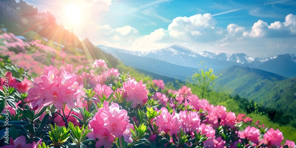 Obraz premium A field of pink flowers with the sun shining on them. 