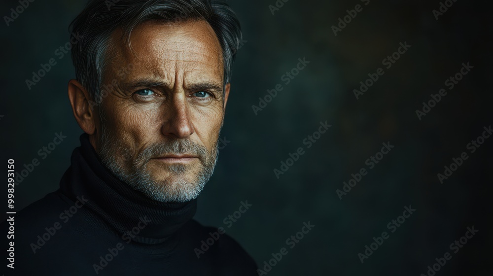 Portrait of a thoughtful man in a black turtleneck set against a dark, moody backdrop Portrait of a thoughtful man in a black turtleneck set against a dark, moody backdrop