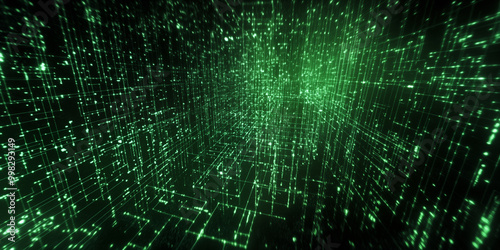 Matrix style green 3d abstract geometric background. Green falling code on a dark abstract background.