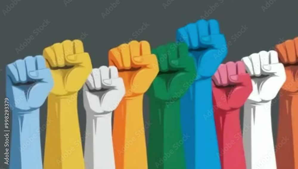 Human rights day concept. Protestors Raising Fists colorful. Colorful hand raising. Diversity Awareness concept.