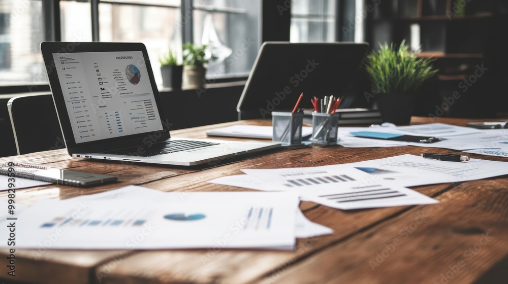 Business Meeting Setup with Documents and Laptops Business Meeting Setup with Documents and Laptops