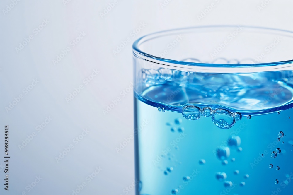 Close up of a laboratory glass beaker filled with a vibrant blue liquid, showcasing the intricate details of rising bubbles Close up of a laboratory glass beaker filled with a vibrant blue liquid, showcasing the intricate details of rising bubbles