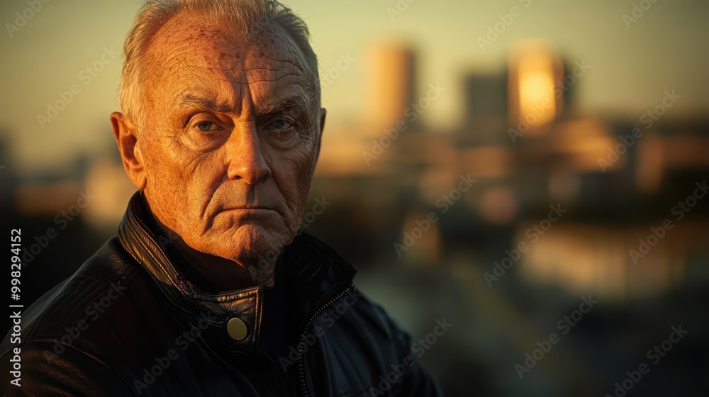 A reflective elderly man gazes thoughtfully at the city skyline during sunset hours A reflective elderly man gazes thoughtfully at the city skyline during sunset hours