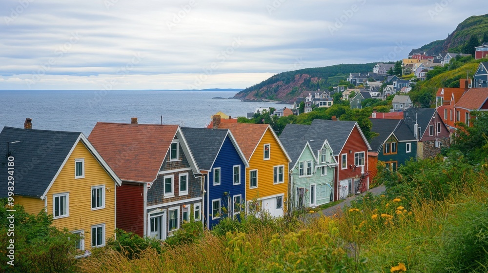 Brightly painted houses line a charming seaside village, with the ocean and rolling hills in the distance. Brightly painted houses line a charming seaside village, with the ocean and rolling hills in the distance.