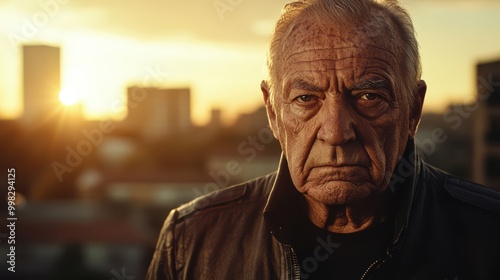 Elderly man gazing thoughtfully at the sunset over a bustling city skyline in the golden hour