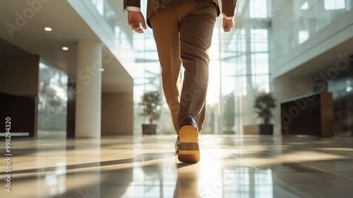 Feet of a businessman rushing in office corridor or open space because he is late to a meeting , man wearing brown suit show walking in modern office building. Businessman walking in the office.