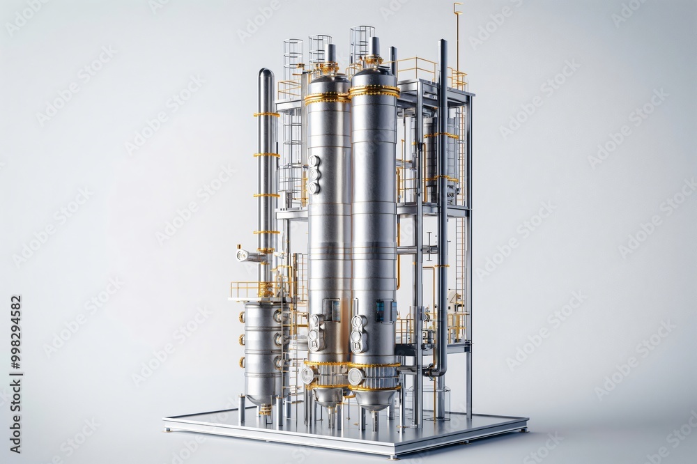 Obraz premium Tall and complex industrial distillation column operating inside a chemical plant, showcasing the intricacies of chemical processing