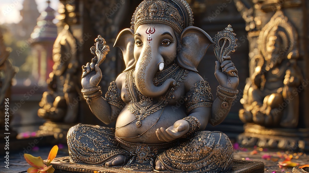 Detailed close-up of a traditional Ganesha statue with intricate designs Detailed close-up of a traditional Ganesha statue with intricate designs