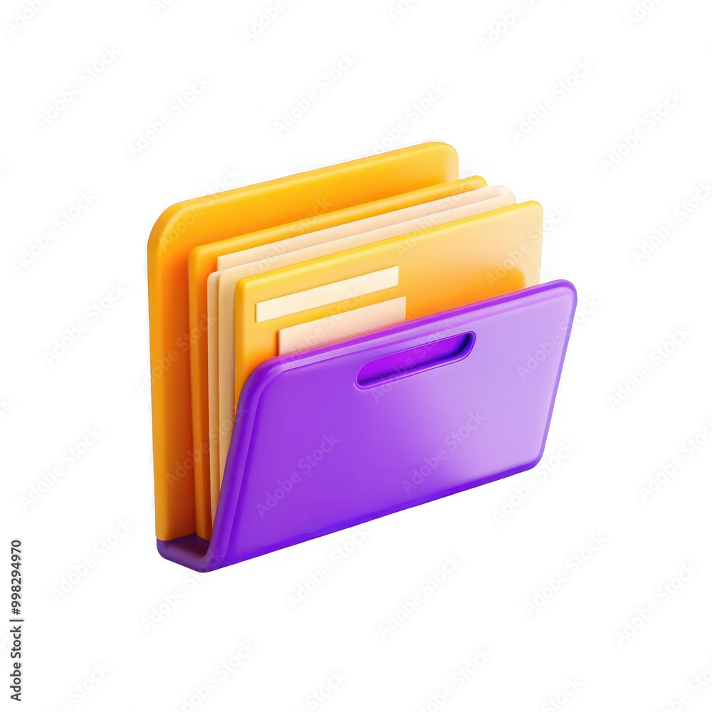 A vibrant 3D folder icon displaying various colored files, showcasing a modern and stylish design suitable for digital use.