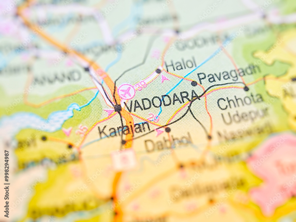Vadodara on a map of India with blur effect.