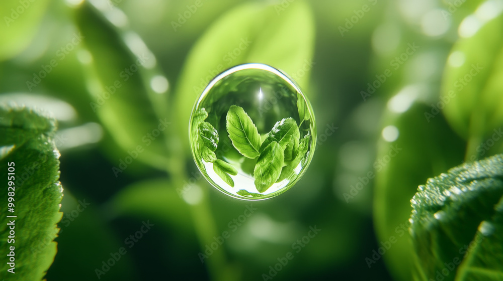 A macro shot of single droplet of pure green water resting on vibrant green leaves, showcasing natures beauty and intricate details of foliage A macro shot of single droplet of pure green water resting on vibrant green leaves, showcasing natures beauty and intricate details of foliage