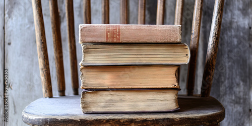 Whisper of Ideas: A stack of worn, dog-eared books, propped up against a worn wooden chair.