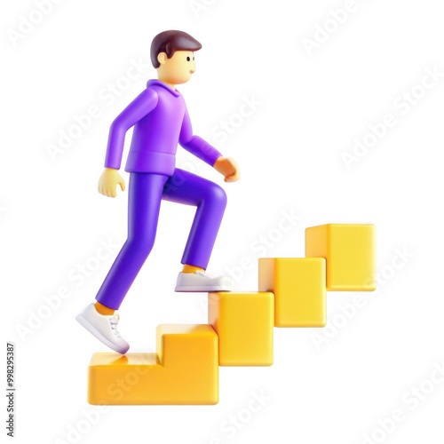 A 3D illustration of a person ascending steps, wearing a purple outfit and white shoes. This render signifies progression and growth.