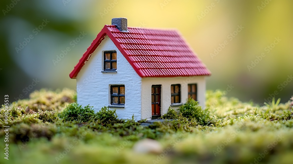 Miniature house on mossy ground, showcasing nature and design. Miniature house on mossy ground, showcasing nature and design.
