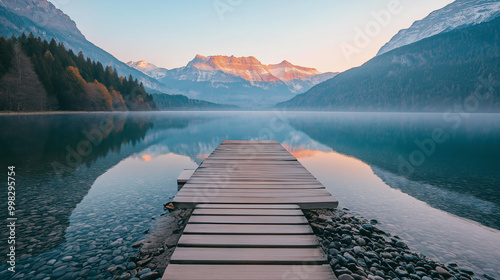 Tranquil Mountain Lake Sunrise: Wooden Pier Reflection in Misty Alpine Landscape