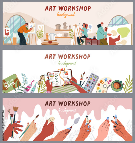 Horizontal banners art workshop set. Vector flat illustration. Seamless Boundary, frame.