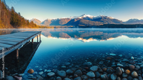 Serene Mountain Lake Reflection with Wooden Pier at Dawn