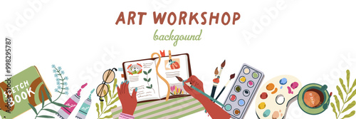 Horizontal banner art workshop. Vector flat illustration.
