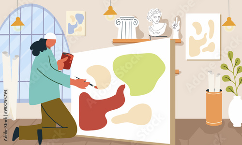 Art studio interior. Classroom, workshop of creative class, drawing school. Painting atelier with paper, canvas on easels, tools, supplies, a model for painting. Hand drawn flat vector illustration.