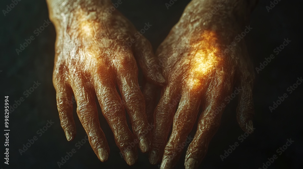 The hands and skin were covered with red rashes,generated with AI.