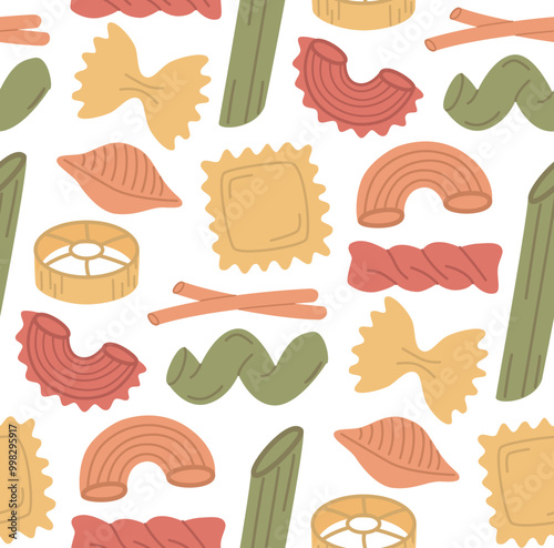 Seamless pattern with different pasta types. Food colorful background