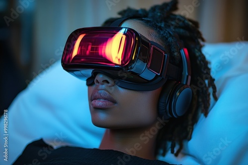 A young woman wearing a VR headset and headphones, with a dreamy expression on her face, is immersed in a virtual world.