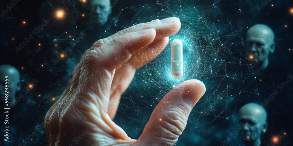 A hand holds a glowing capsule surrounded by mysterious faces. This surreal image blends technology and human thought. It evokes a sense of innovation and the future of humanity. AI. A hand holds a glowing capsule surrounded by mysterious faces. This surreal image blends technology and human thought. It evokes a sense of innovation and the future of humanity. AI.
