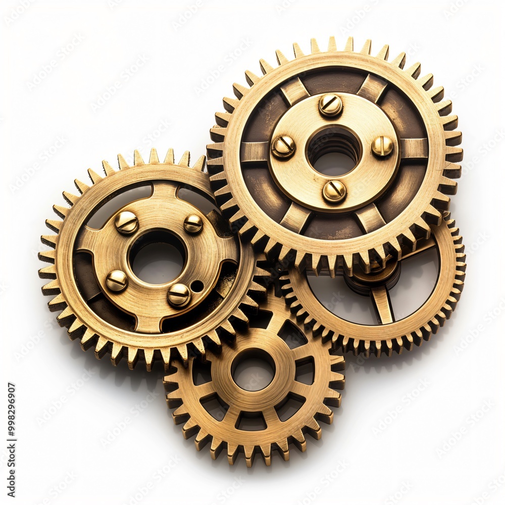 Shiny brass gears interlock in a cohesive system, showcasing teamwork and precision in engineering. The rotating cogs symbolize connection and collaboration in a vintage steampunk charm Shiny brass gears interlock in a cohesive system, showcasing teamwork and precision in engineering. The rotating cogs symbolize connection and collaboration in a vintage steampunk charm