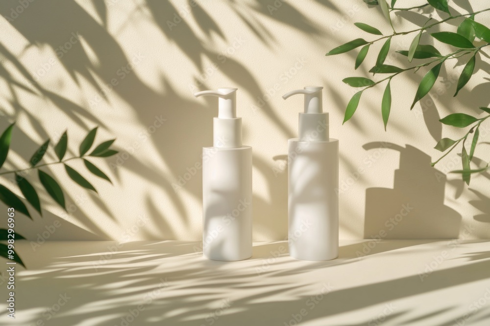 Two white cosmetic bottles mockup with pumps on light beige background with green leaves