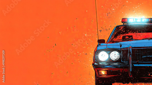 blue police car lights at night on orange background 