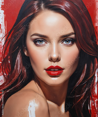 a extremely detailed oil painting of a woman with red hair and blue eyes and red lipstick