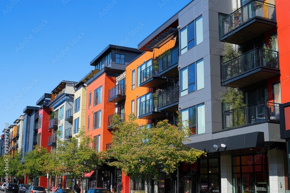 Naklejka premium Modern urban design showcasing vacant storefronts in the ground floors of apartment complexes within a bustling city center area