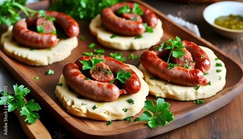 Savory homemade biscuits topped with rich sausage gravy and a touch of parsley on a rustic wooden plate