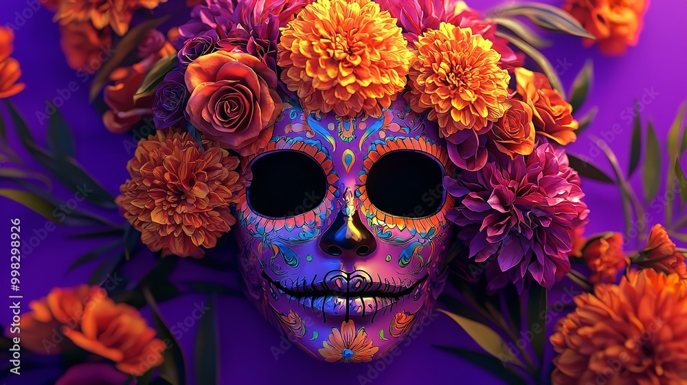 dia de los muertos festive Catrina mask with dahlias, roses and orange marigolds on a vibrant bold purple background