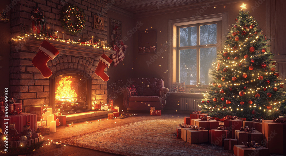 A cozy living room decorated for Christmas with a fireplace, stockings hanging on the wall above it, and presents scattered around A cozy living room decorated for Christmas with a fireplace, stockings hanging on the wall above it, and presents scattered around