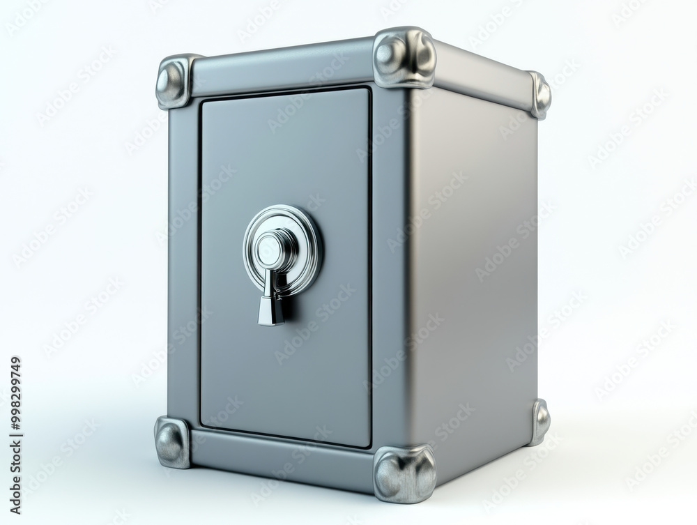 A metallic safe gleaming in bright light, showcasing intricate details of its secure locking mechanism and sturdy design A metallic safe gleaming in bright light, showcasing intricate details of its secure locking mechanism and sturdy design